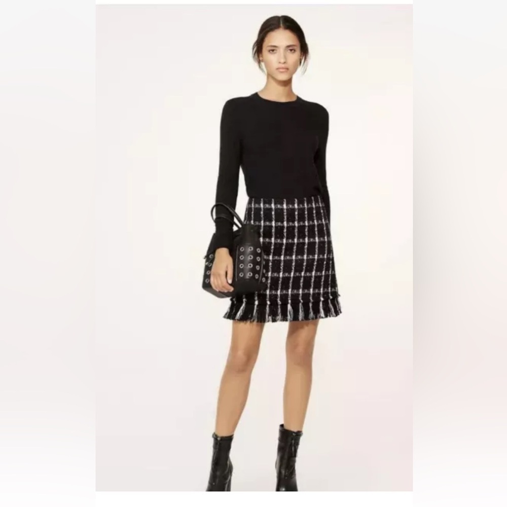 Tory Burch Marisol Mini Tweed Skirt Black Stitch Plaid Fringe 8 checkered